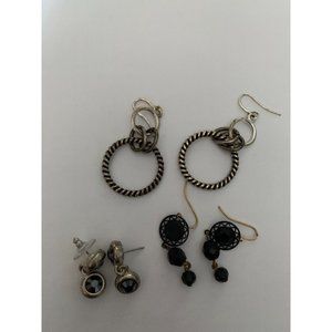 Silver Tone Black Rope Dangle Pierced Earrings Lot of 3 Fashion Jewelry Unmarked